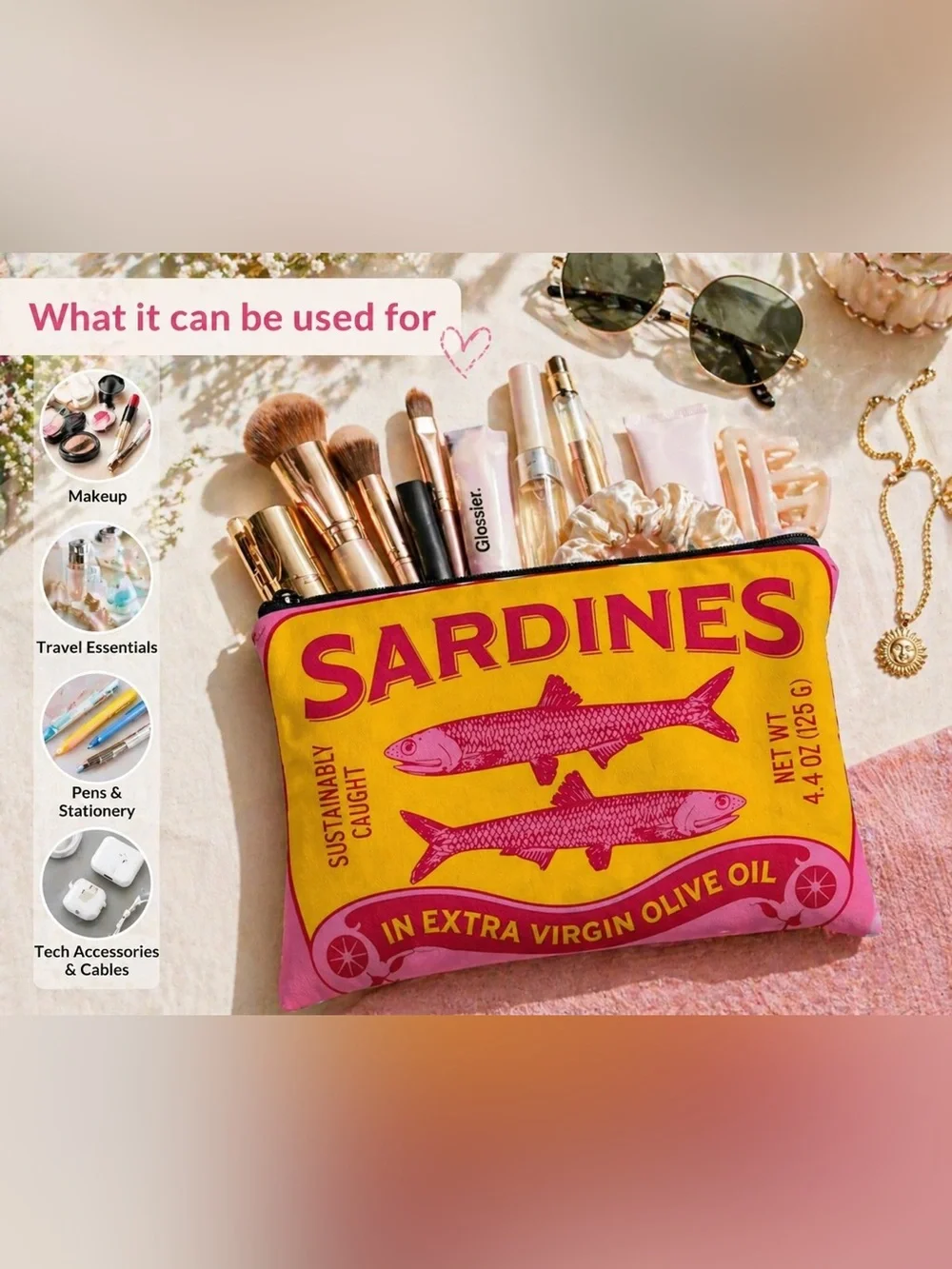 Sardines Print Cosmetic Bag 🐟✨ Trendy Makeup Pouch Quirky Chic Travel Organizer